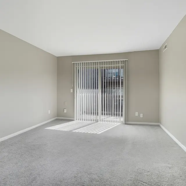 A spacious empty living room with light grey walls and carpet. Large sliding glass door with vertical blinds leads to an outdoor area. Natural light comes through the window, creating stripes on the carpet.