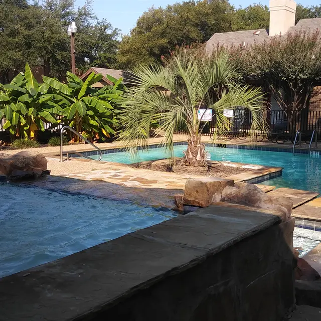 A scenic outdoor pool area featuring a fountain, palm trees, and lounge space.