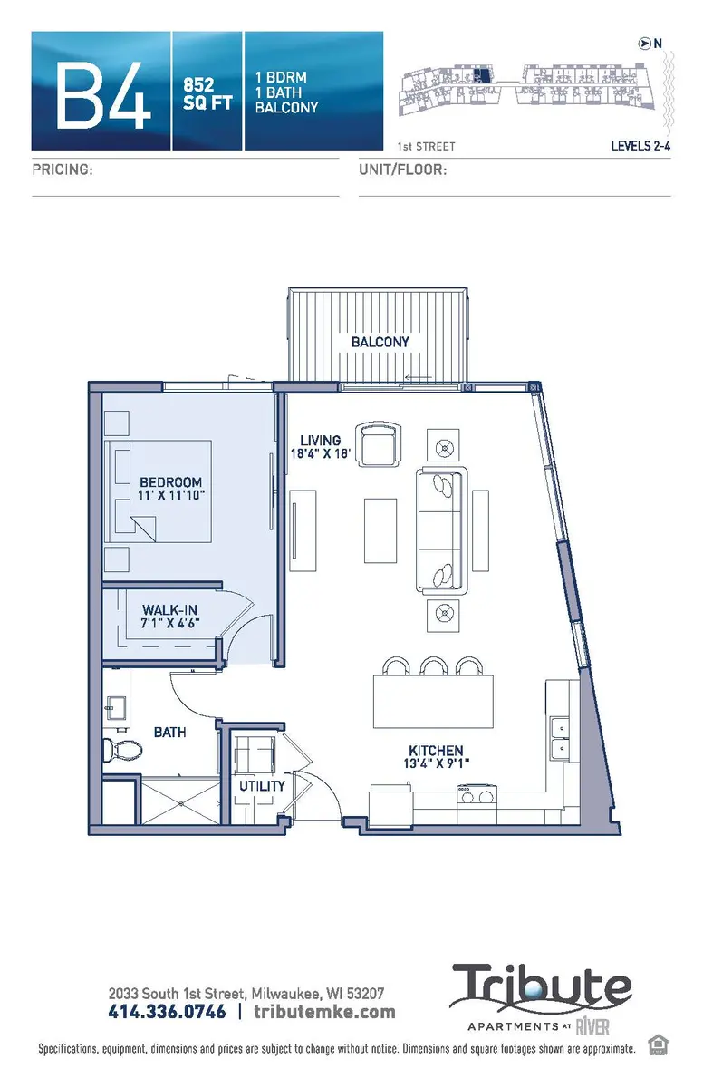 Floor plan for a 1 bedroom, 1 bath apartment with a balcony, measuring 852 square feet.