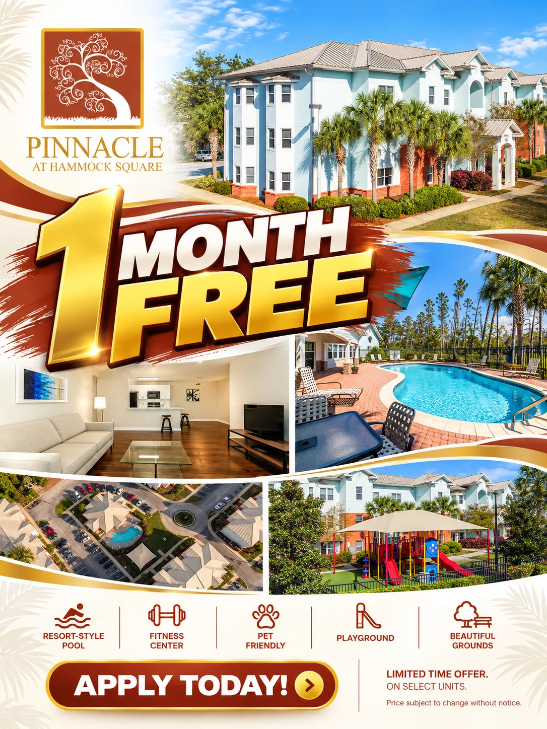 Promotional poster for Pinnacle at Hammock Square featuring an offer of 1 month free and images of the interior, pool, playground, and fitness center.