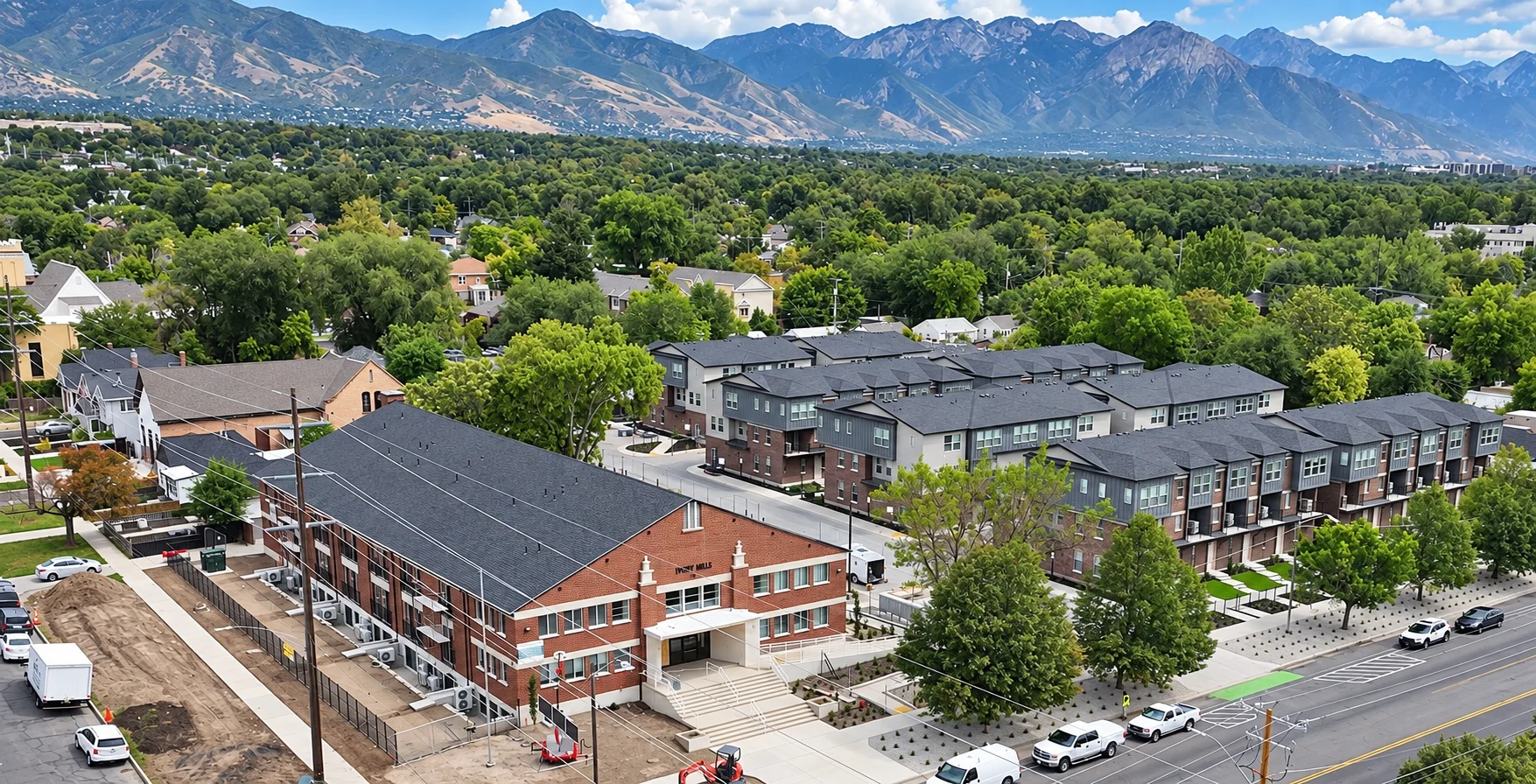 Aerial view of a residential apartment complex surrounded by trees and mountains in the background.