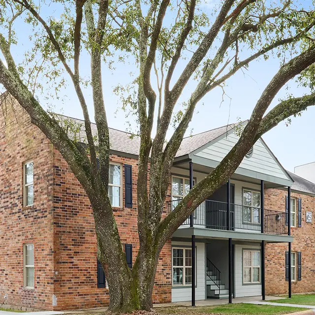 An apartment building featuring a mix of brick and white exterior, surrounded by a large tree with a broad canopy.