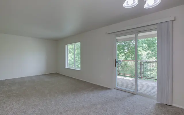 An empty living room with light brown carpet, two windows letting in natural light, and a sliding glass door leading to an exterior balcony.