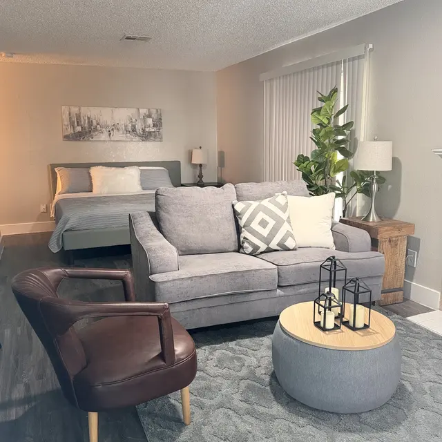 Cozy Living Space A cozy living space featuring a gray sofa, a brown chair, a circular coffee table, and a bed in the background. There are decorative plants and lamps around, with a rug covering the floor.