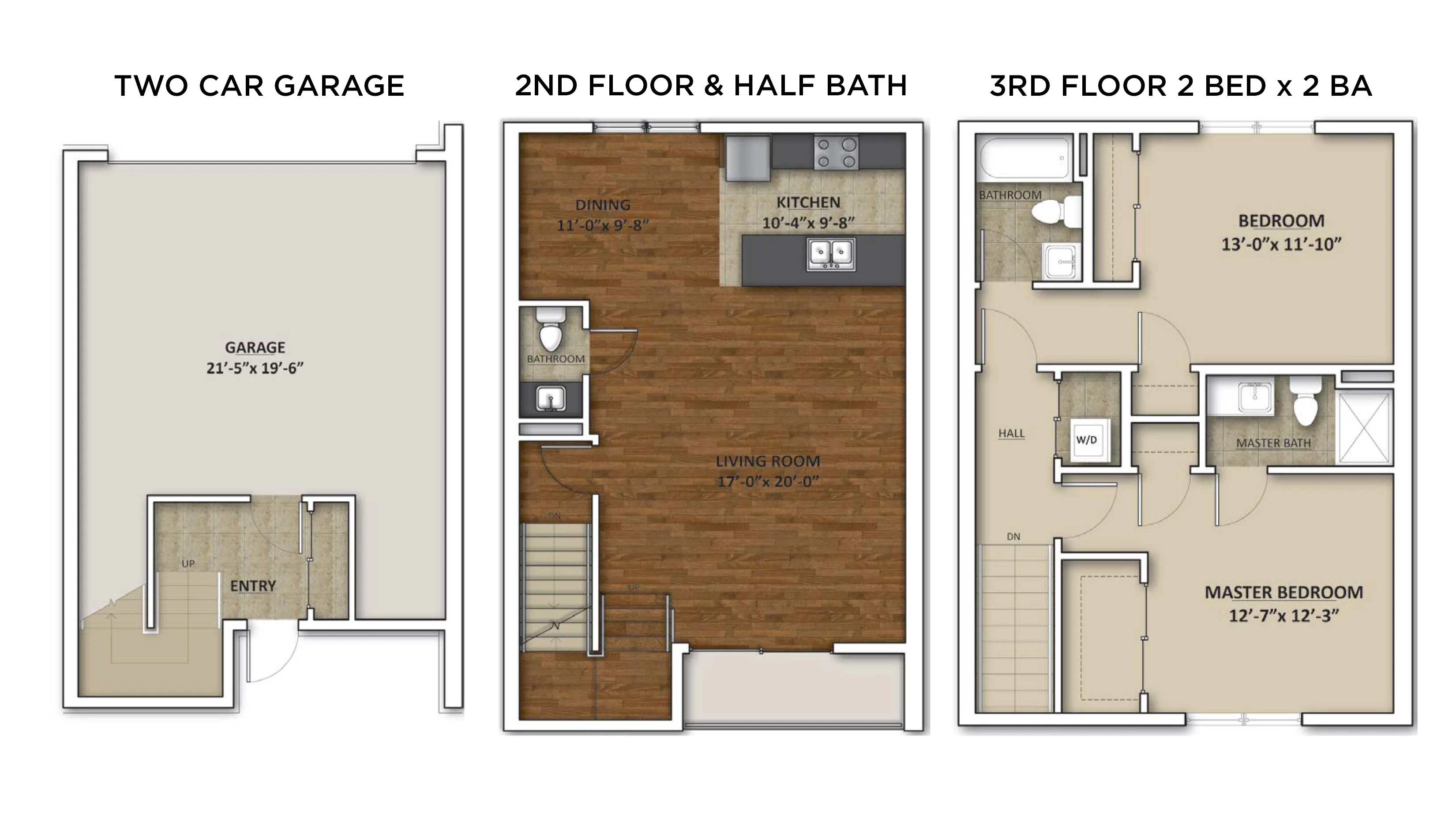 A diagram illustrating a three-level floor plan for a property featuring a two-car garage on the first floor, a second floor with a kitchen and half bath, and a third floor with two bedrooms and two bathrooms.