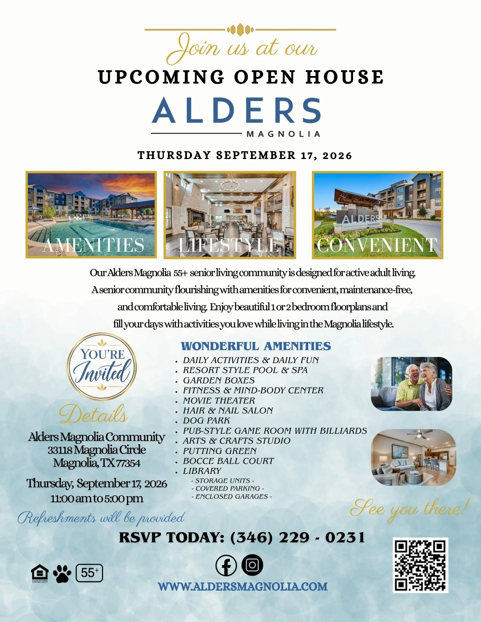 Invitation to an open house event at Alders Magnolia, featuring amenities and details about the community.
