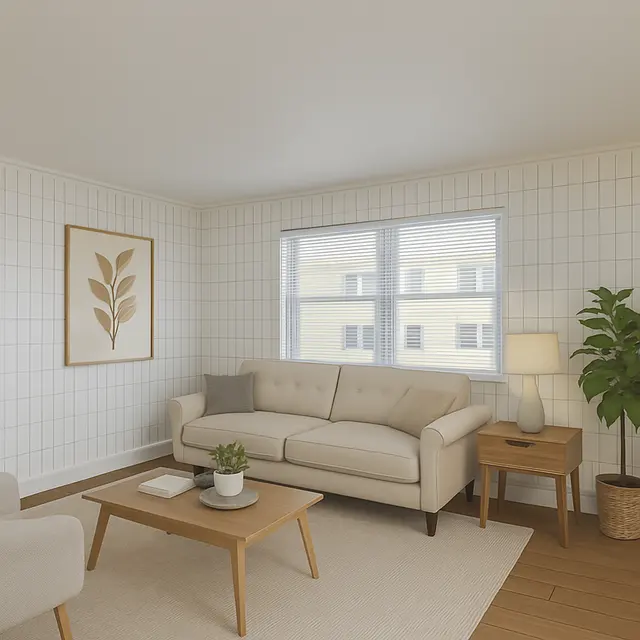 Modern Living Room Design A modern living room with a light-colored sofa, a wooden coffee table, and large windows allowing natural light. There's a potted plant on the coffee table and a framed leaf artwork on the wall.