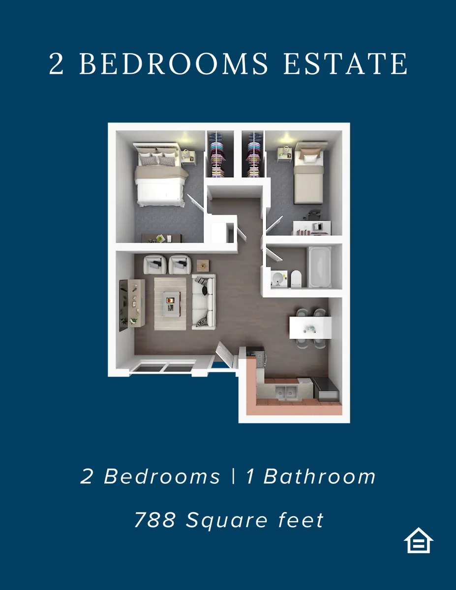 Floor plan of a 2-bedroom apartment estate with 1 bathroom, featuring a central living area and kitchen.