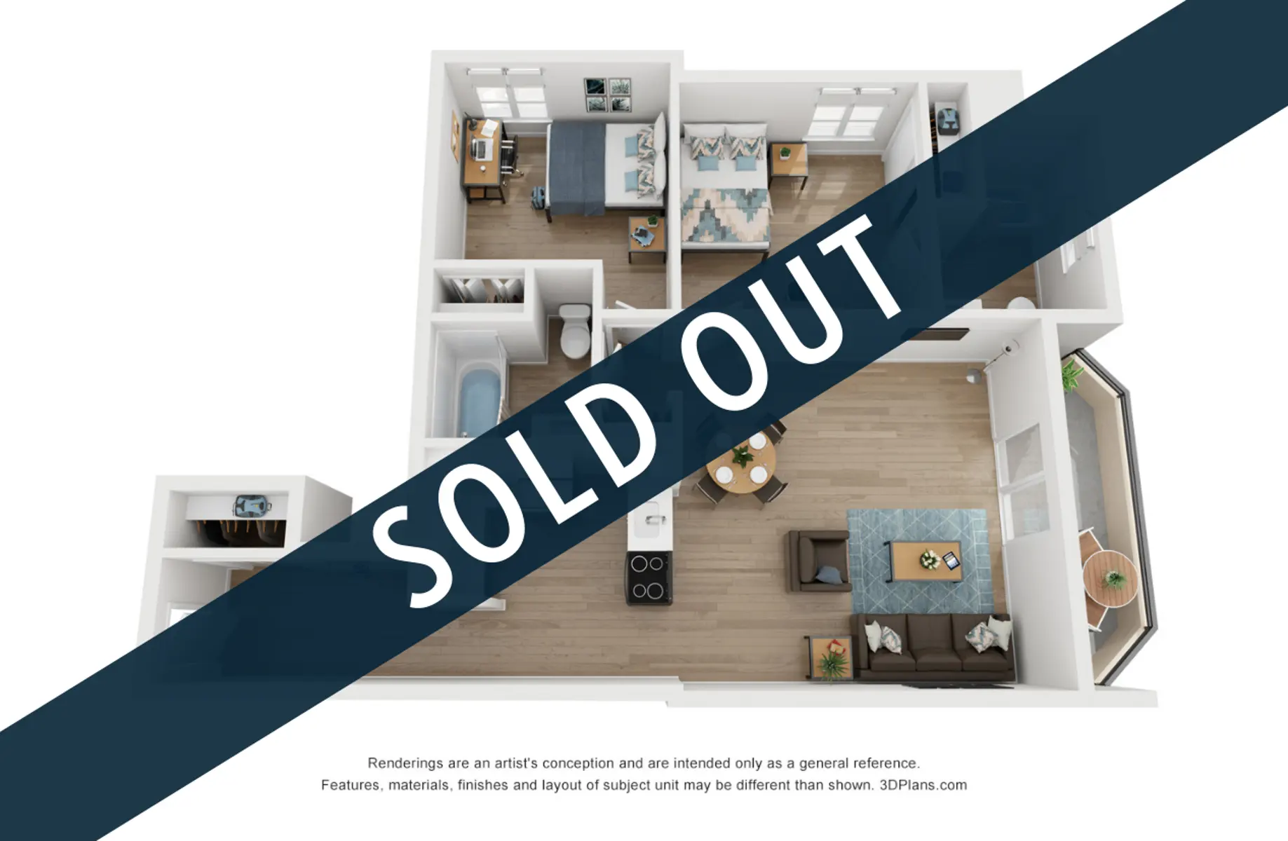 A top-down view of a floor plan showcasing various rooms, with a large 'SOLD OUT' graphic overlaying the design.