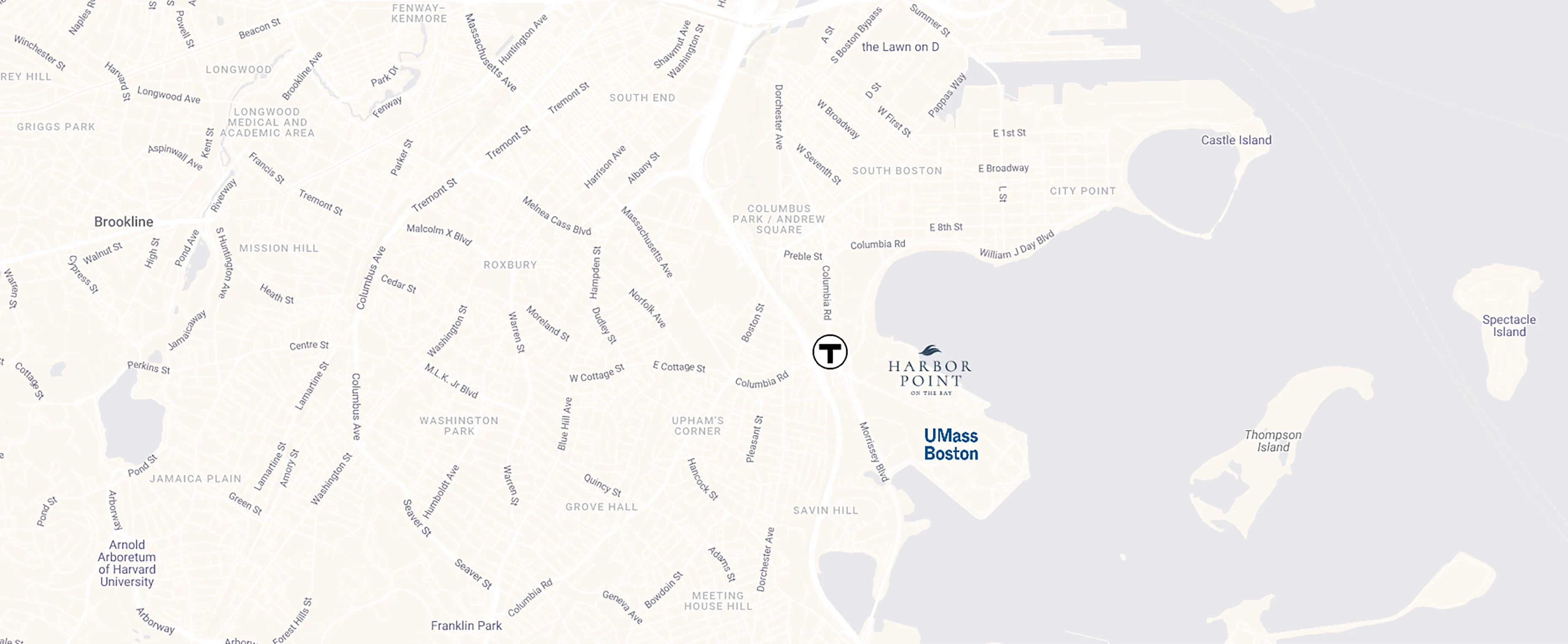 Map of Boston indicating various neighborhoods and landmarks including Harbor Point and UMass Boston.