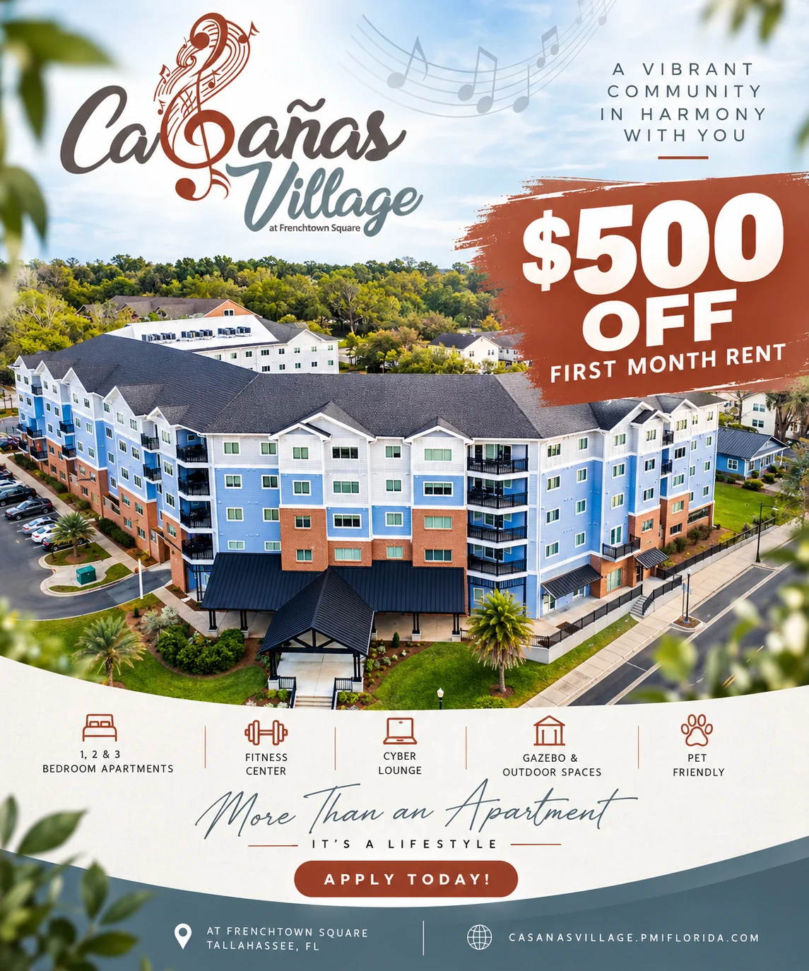 Promotional flyer for Casanas Village, an apartment community featuring various amenities in Tallahassee, FL.
