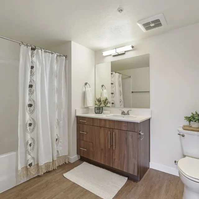 Modern Bathroom Interior A modern bathroom featuring a shower-tub combo with a white curtain, a wooden vanity with a sink, a mirror above, and a well-lit space with neutral decor.