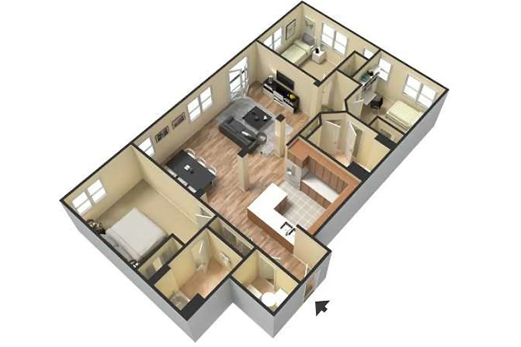 A 3D floor plan of an apartment showing various rooms including a living area, kitchen, bedrooms, and a bathroom.