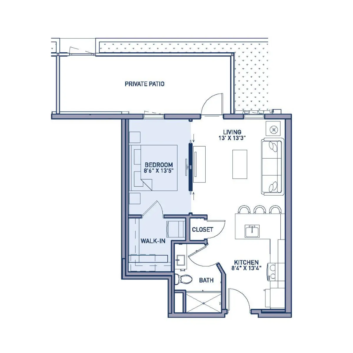 A detailed floor plan for a one-bedroom apartment featuring a living room, kitchen, bedroom, closet, and bath, along with a private patio area.
