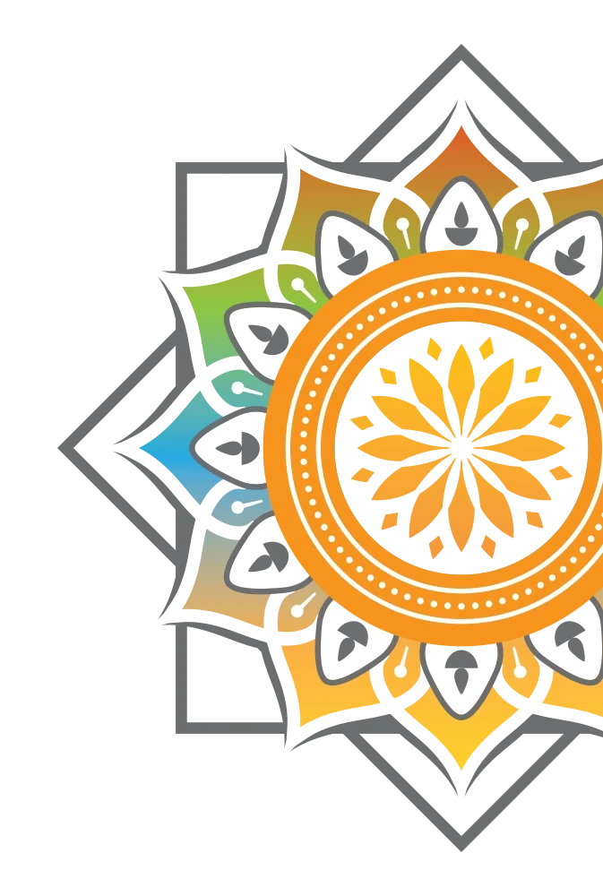 A colorful mandala design featuring orange, yellow, and green hues arranged in intricate patterns with a circular focal point.
