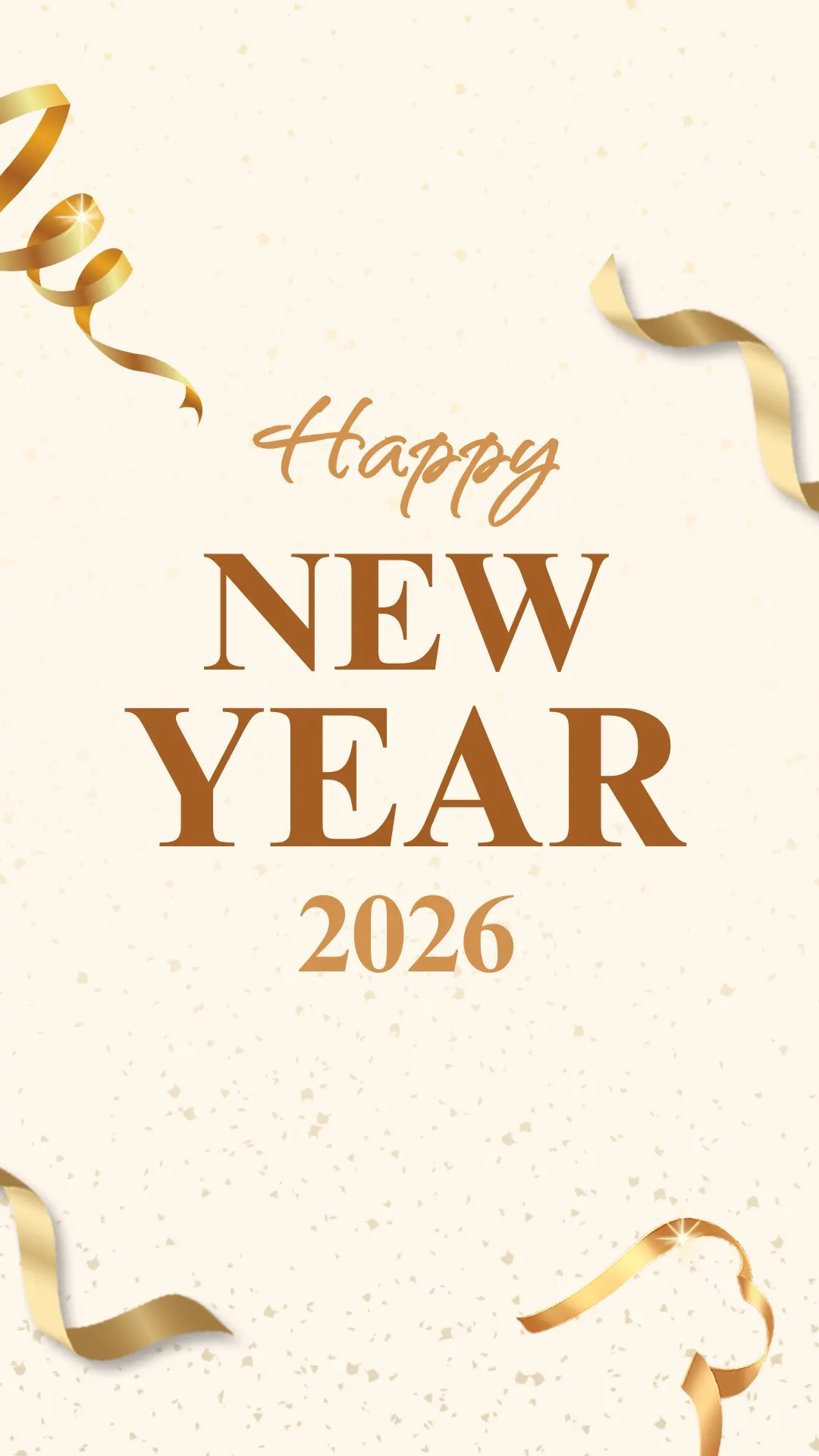 A festive design featuring the words 'Happy New Year' in elegant lettering, with the year '2026' below, accented by golden ribbons on a light background with a subtle texture.