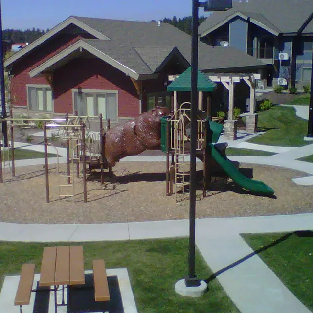 Playground with Bear Climbing Structure A playground with a bear-shaped climbing structure, slide, and surrounding green grass.