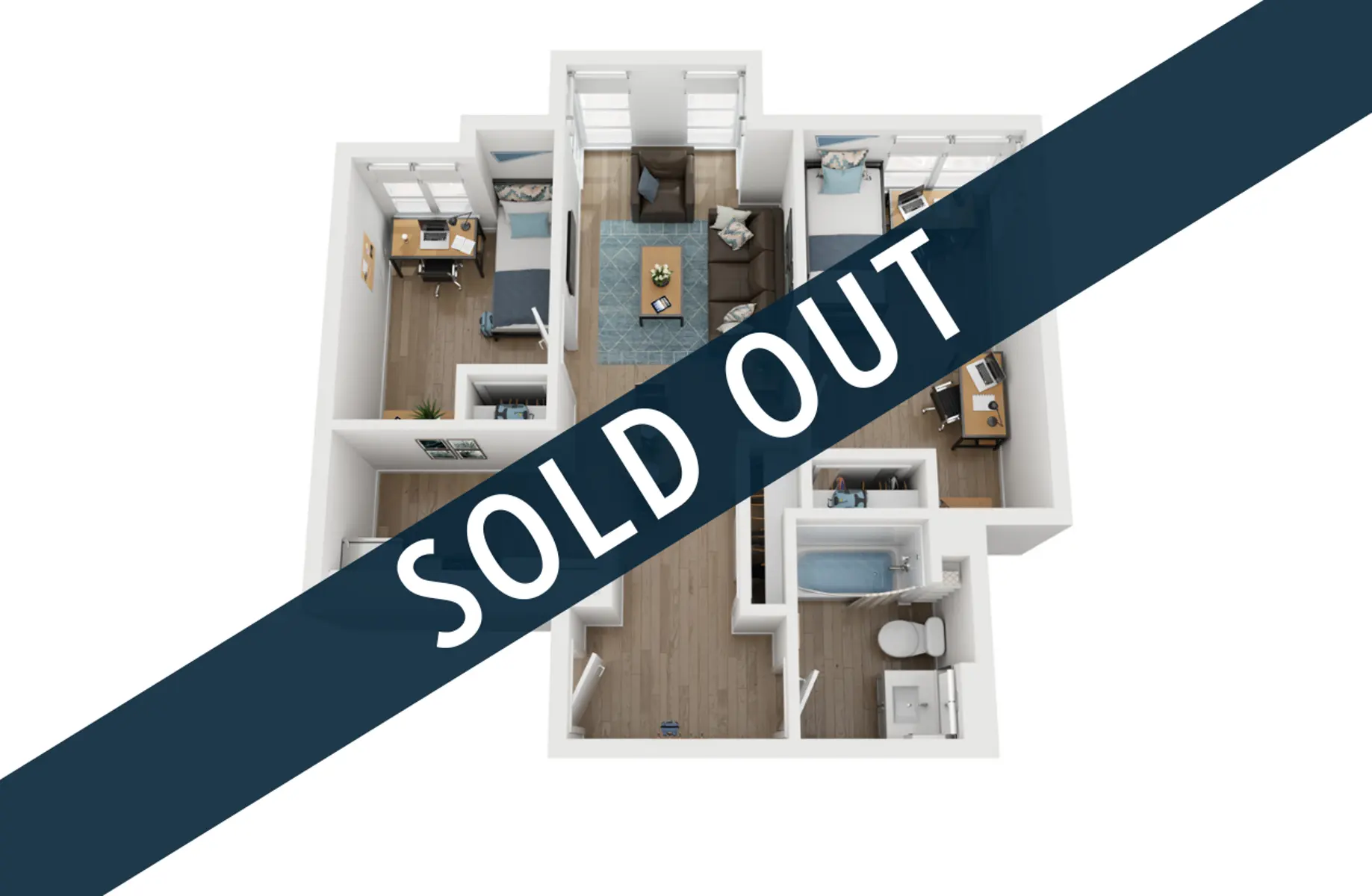 3D floor plan of an apartment showing rooms with furniture; a diagonal banner overlay says 'SOLD OUT'.