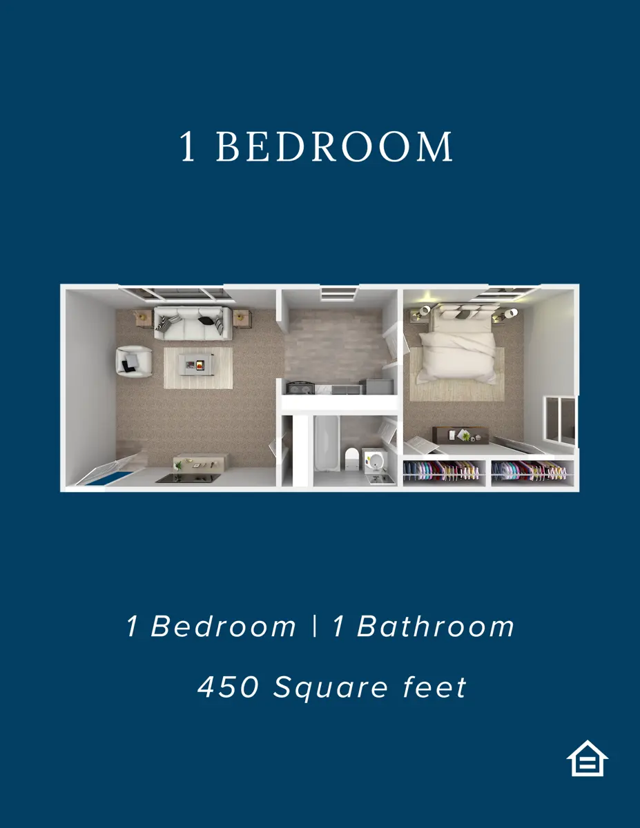 A floor plan of a one-bedroom apartment layout, showing the arrangement of rooms including a living area, kitchen, bedroom, and bathroom, with dimensions noted.