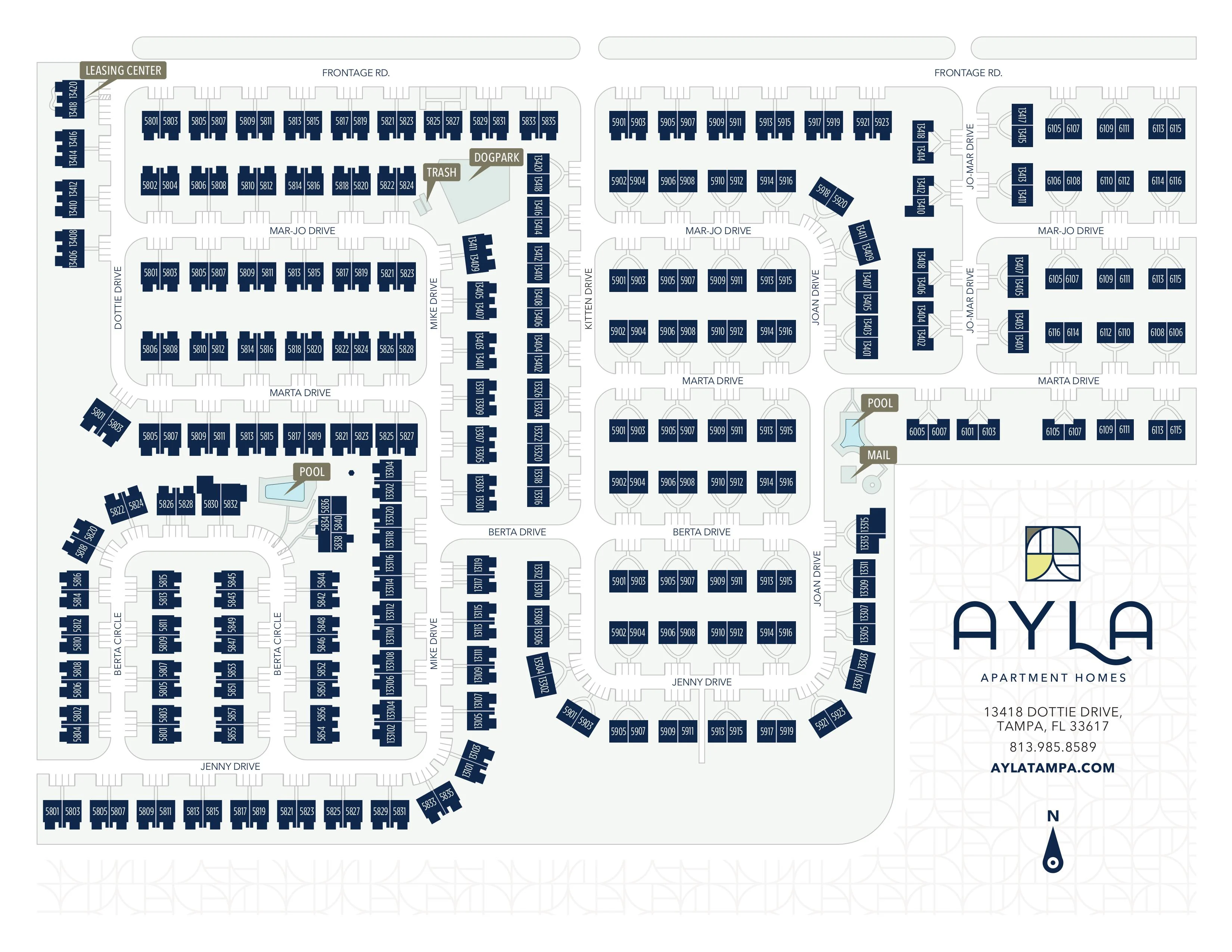 Map of Ayla Apartment Homes showing apartment units, amenities, and streets.