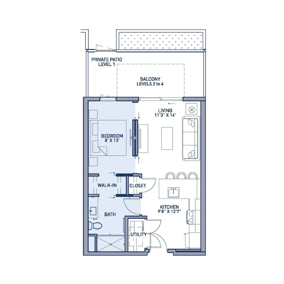 A detailed floor plan of an apartment featuring a living area, kitchen, dining space, bedroom, walk-in closet, bath, utility area, and outdoor patio space.