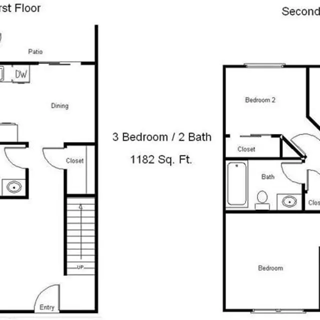 Two-Story House Floor Plan A detailed floor plan of a two-story house. The first floor includes a living area, kitchen, dining space, laundry, and a bathroom. The second floor features three bedrooms and two bathrooms with closets.