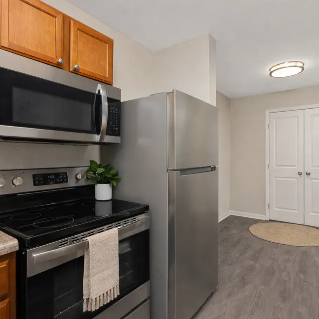 A modern kitchen featuring wooden cabinets, stainless steel appliances, and a gray floor. The kitchen includes an oven, microwave, and refrigerator. There is a cutting board and a plant near the stove, and a round rug near an entrance.