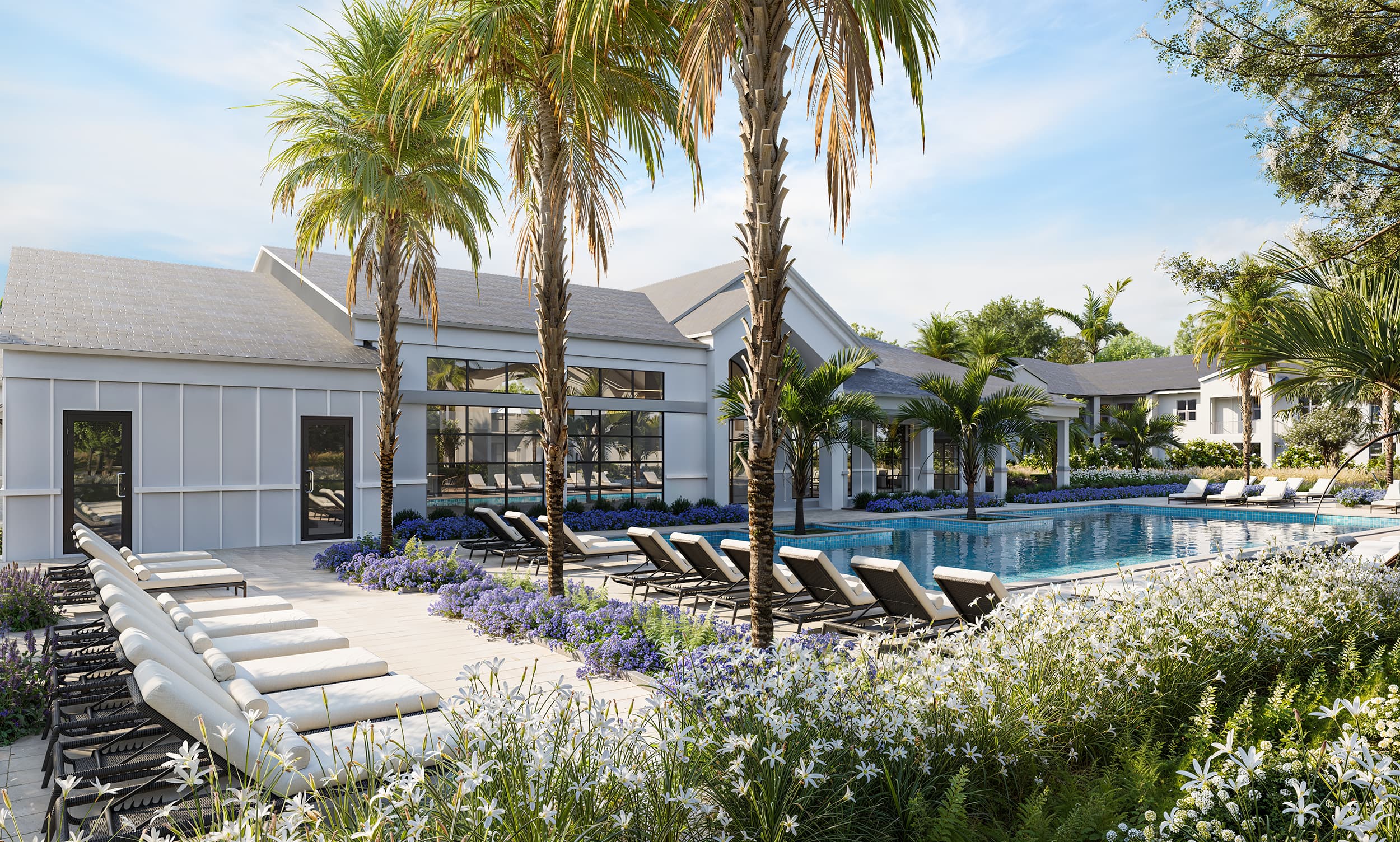 Luxurious Poolside Retreat A luxurious pool area featuring palm trees, lounge chairs, and a clear blue swimming pool surrounded by vibrant flowers and lush greenery.