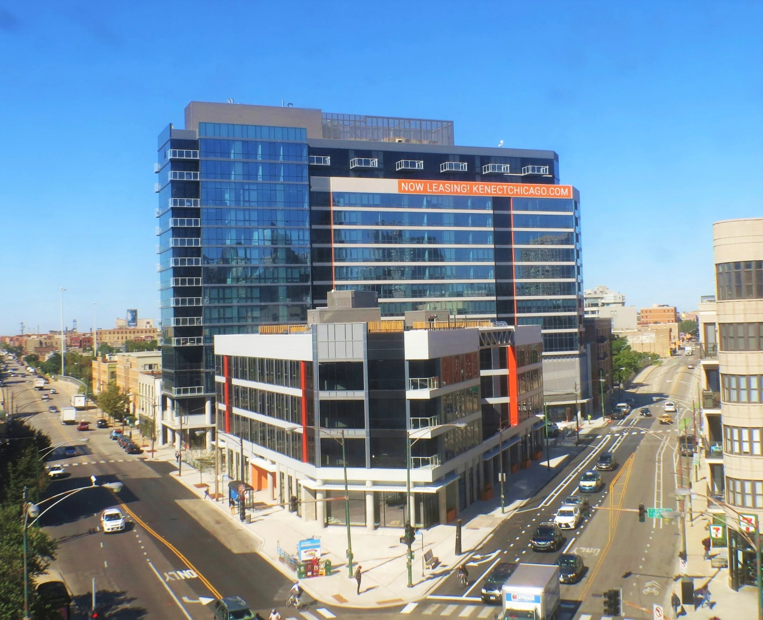 Modern Building in Chicago Modern commercial building in Chicago with glass and colorful facades.
