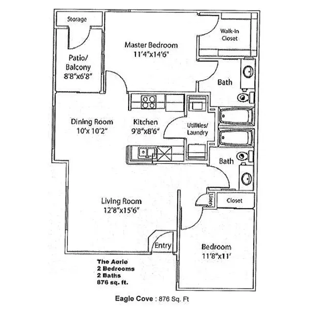 Eagle Cove Apartment Floor Plan Floor plan of an apartment named 'Eagle Cove' featuring 2 bedrooms, 2 bathrooms, a living room, dining room, kitchen, entry, and storage areas.