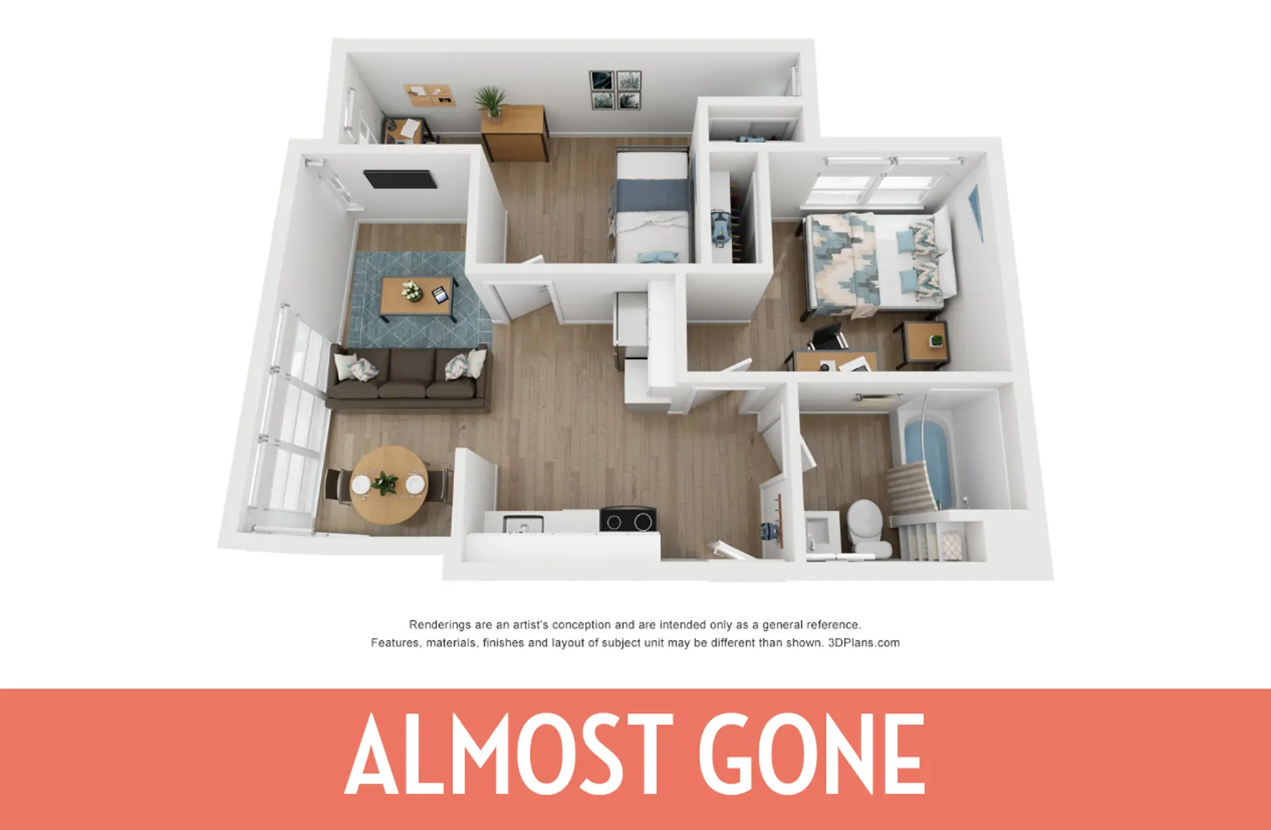A 3D rendering of a small apartment layout featuring a living area, kitchen, two bedrooms, and a bathroom.