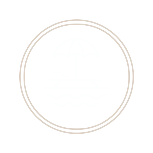 Beach Icon A simple outline icon of a beach scene featuring a deck chair with an umbrella, set against wavy water patterns.