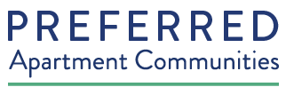Logo of Preferred Apartment Communities featuring the words 'Preferred' in dark blue and 'Apartment Communities' in a lighter blue, with a green line beneath.