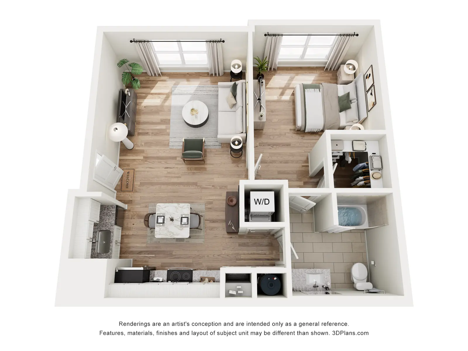An overhead view of a modern one-bedroom apartment floor plan showcasing a living area, kitchen, bedroom, and bathroom.