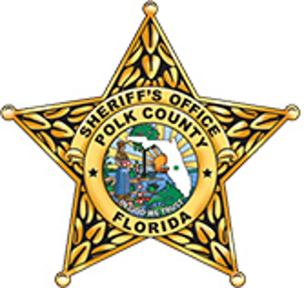 Polk County Sheriff's Office Badge Polk County Sheriff's Office badge in the shape of a star with a colorful central emblem depicting a scene.