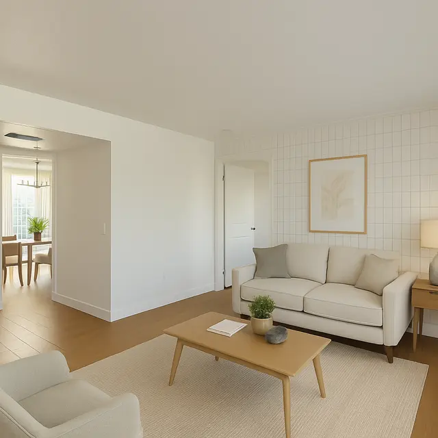 Modern Living Room Interior A modern living room featuring a light-colored couch, a simple coffee table, and a lamp. Natural light illuminates the space, with a glimpse of a dining area in the background. Neutral tones dominate the decor, creating a calming atmosphere.