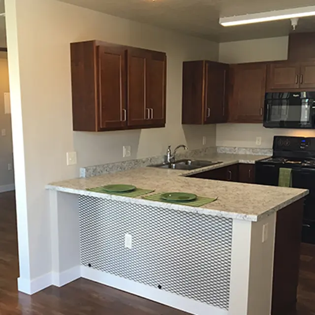 Bright and modern kitchen with dark wooden cabinets and granite countertops. Features a breakfast bar with green plates and a variety of appliances, including a microwave and oven.