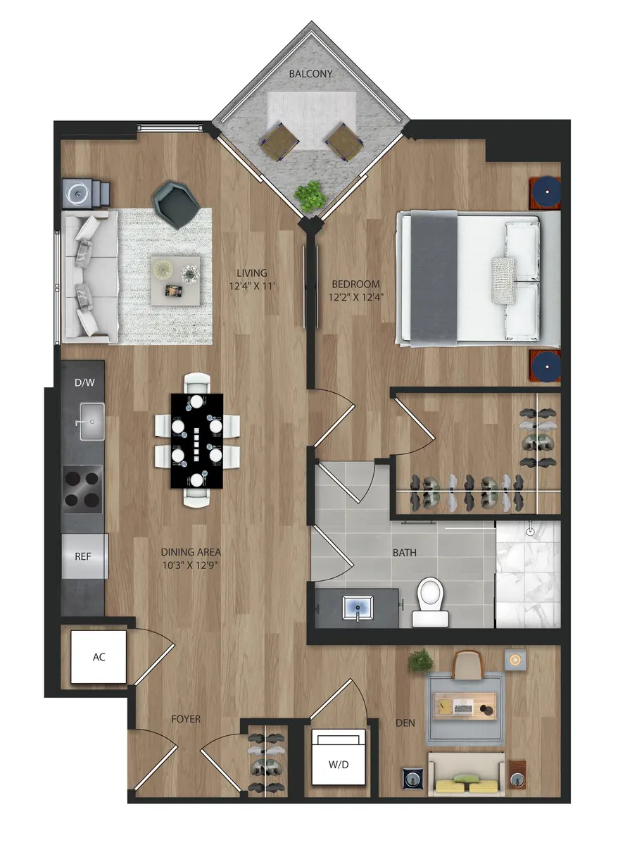 A detailed floor plan of a two-bedroom apartment layout featuring living area, dining area, kitchen, bathroom, den, and balcony.