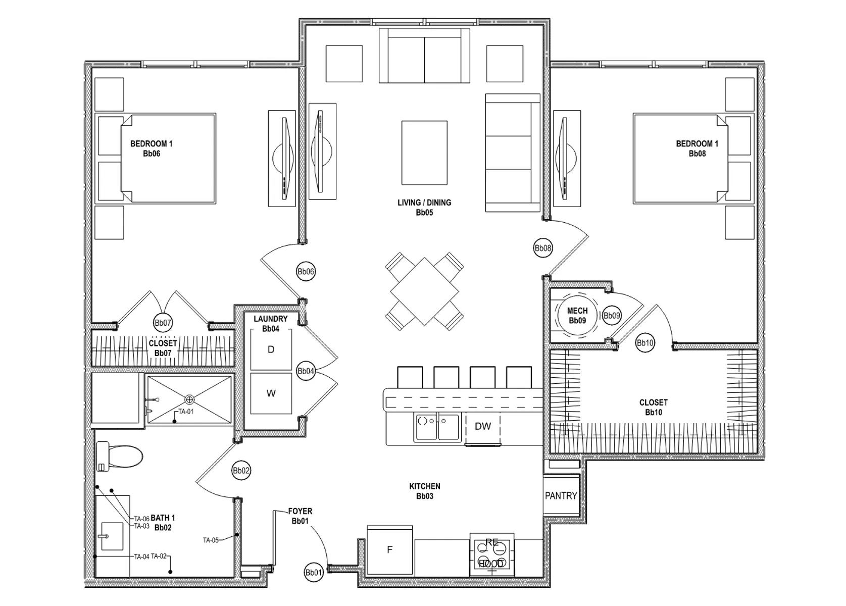 A detailed floor plan of a house featuring two bedrooms on the upper sides, a combined living and dining area in the center, a kitchen at the bottom, and additional spaces like a laundry room, foyer, and pantry.