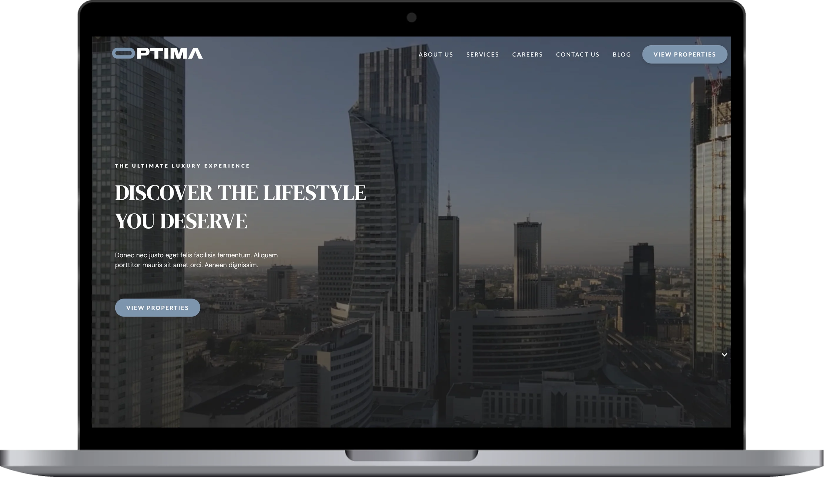 Discover the Lifestyle You Deserve A laptop displaying a webpage with a skyline background and promotional text about a lifestyle you deserve.