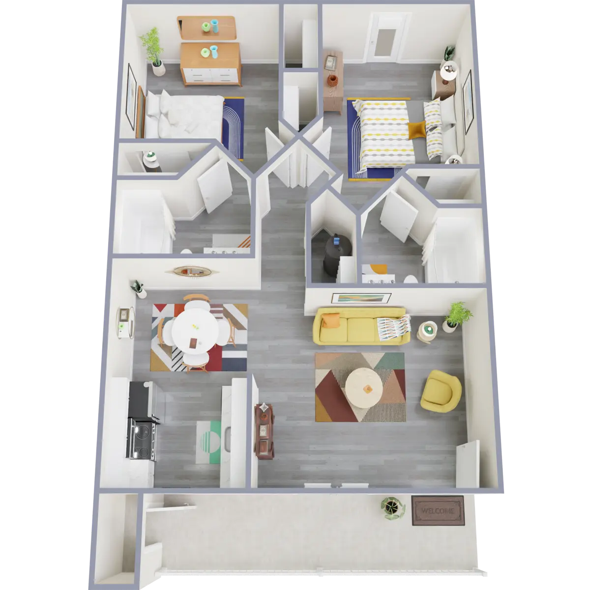 Modern Apartment Layout A top-down view of a modern apartment layout, featuring several rooms including a living area, kitchen, bedroom, and bathroom, with furnishings and decor illustrated.