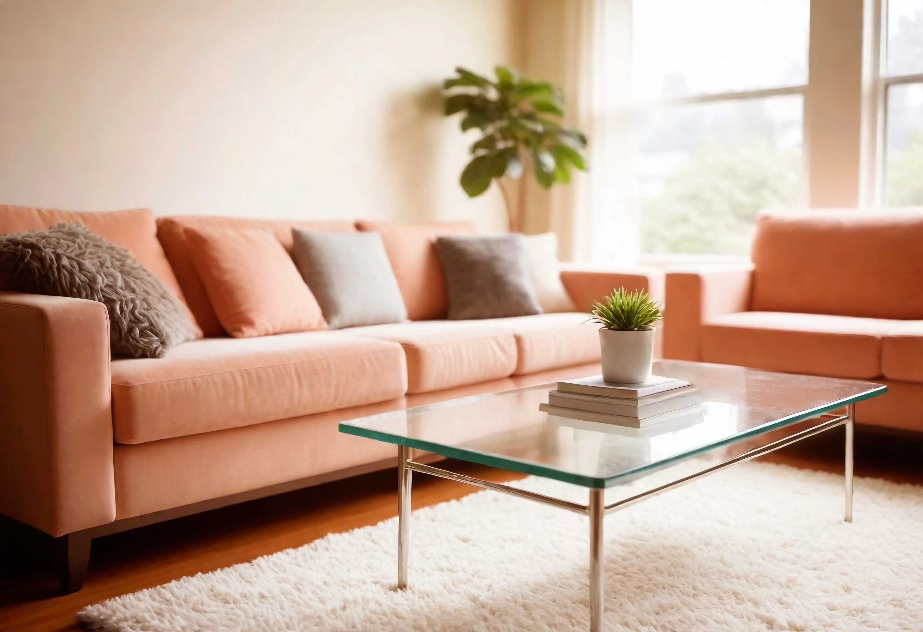 A cozy living room featuring a soft coral-colored sofa with decorative pillows, a glass coffee table with a plant and books on it, and a plush rug on the wooden floor, bathed in natural light from large windows.