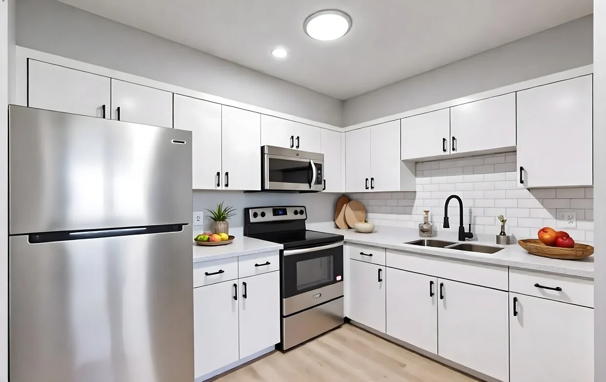 Prime Gardenside Modern kitchen with stainless steel appliances, white cabinets, and a clean countertop featuring fruit in a bowl.