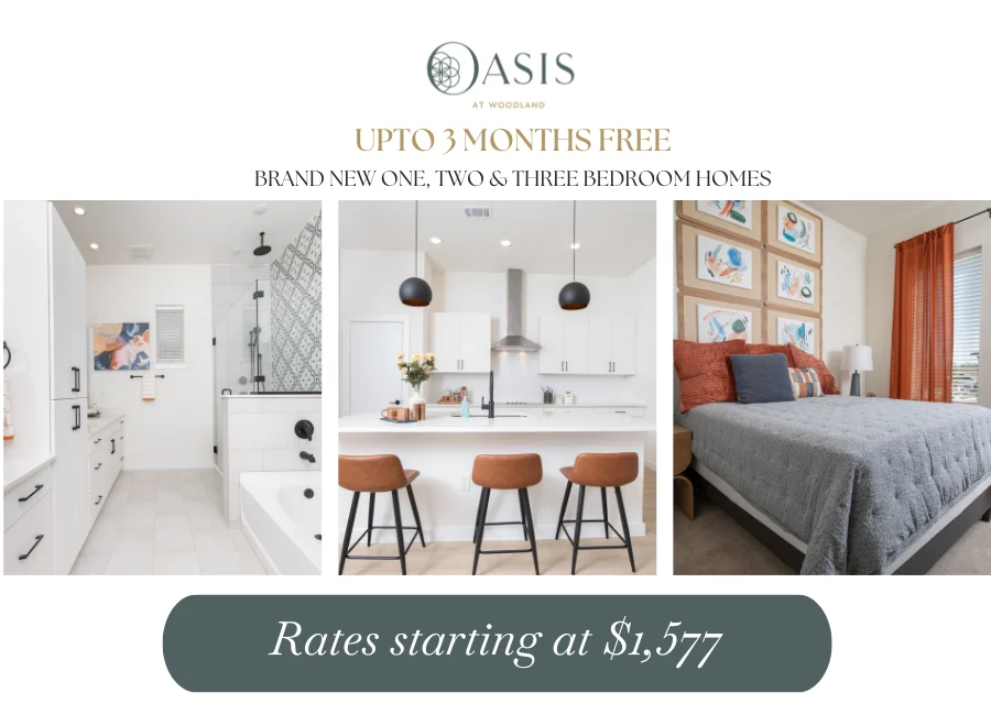 Oasis at Woodland Apartment Promotion A promotional advertisement for Oasis at Woodland featuring three images of modern apartments including a bathroom, kitchen, and bedroom. The text highlights offers of up to 3 months free rent for new one, two, and three bedroom homes with rates starting at $1,577.