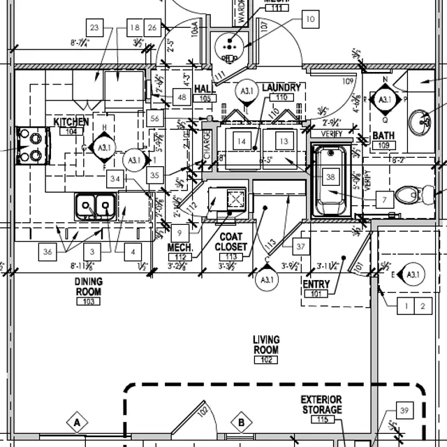 Residential Floor Plan A detailed floor plan of a house, showing various rooms including a kitchen, living room, bedrooms, bath, and patio. It includes dimensions and labels for each area.