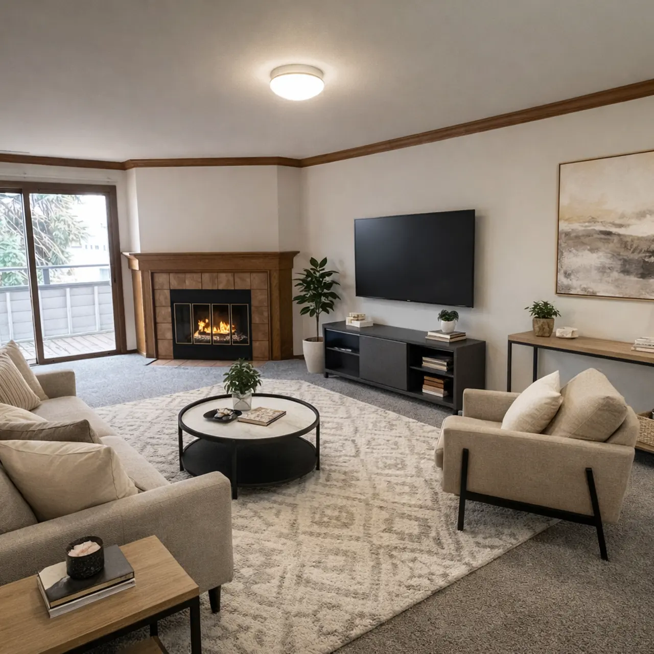 A modern living room featuring a gray sofa with cushions, a round coffee table, an armchair, and a television mounted on the wall. There is a fireplace, a potted plant, and a large window with sheer curtains allowing natural light to enter the space.