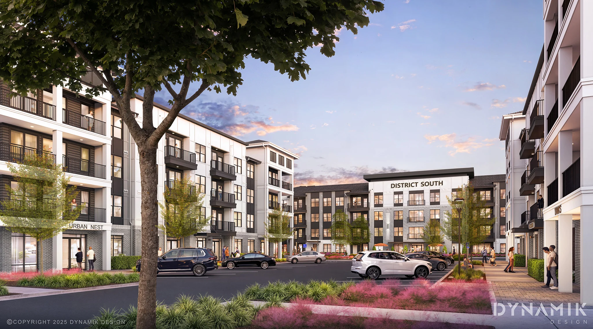 Architectural rendering of a modern apartment complex set in a landscaped area with trees and flowering bushes, featuring multi-story buildings and parked cars.