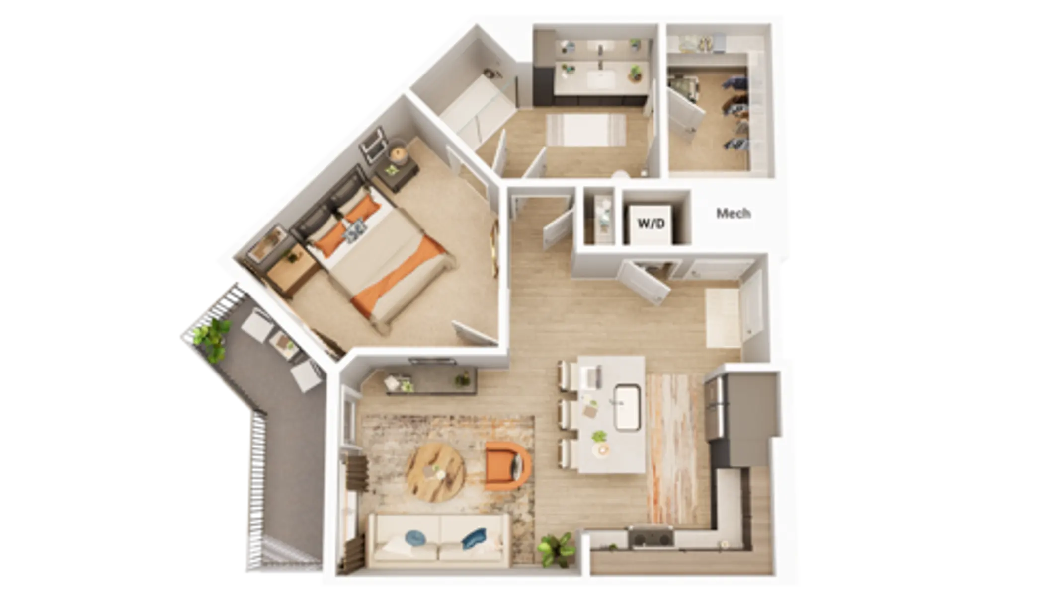 A modern apartment floor plan showing different rooms including a bedroom, living area, kitchen, and bathroom.