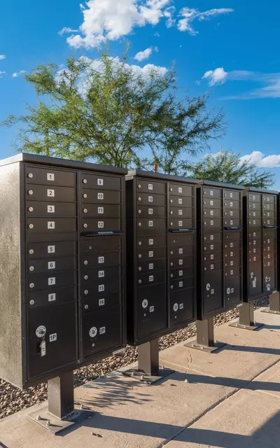 Community Mailbox Area A row of black mailboxes in a landscaped area with blue skies and white clouds.