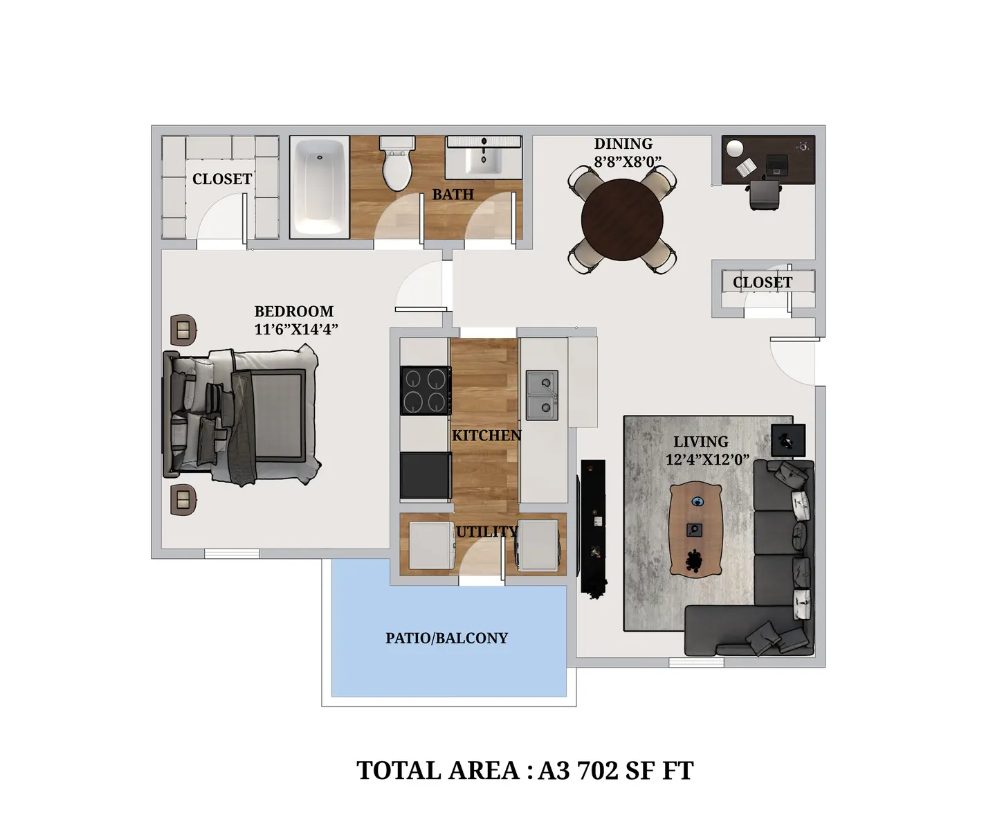 A detailed floor plan of a 1-bedroom apartment labeled as A3, featuring a living room, kitchen, bedroom, dining area, bath, and patio/balcony with dimensions.